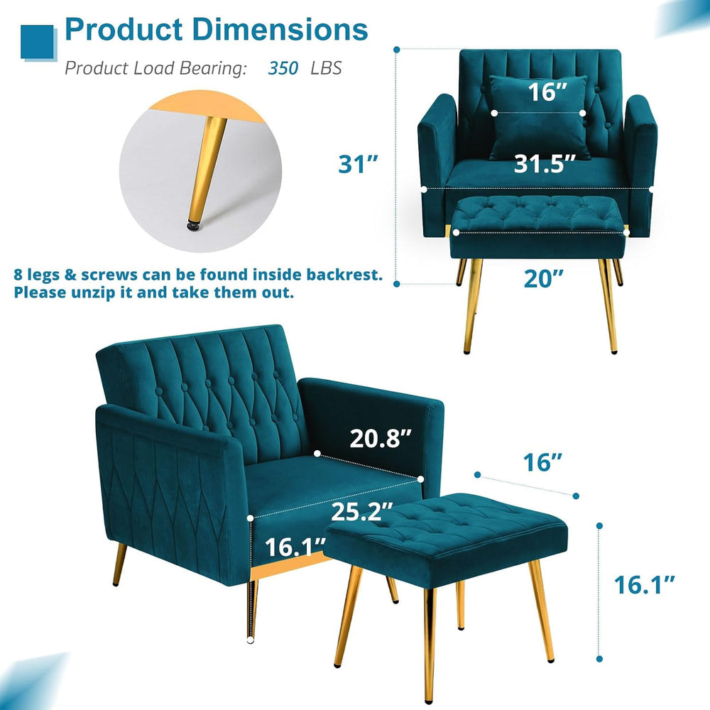 3 Pieces Velvet Sofa Set w/Adjustable Armrest &Backrest,Teal