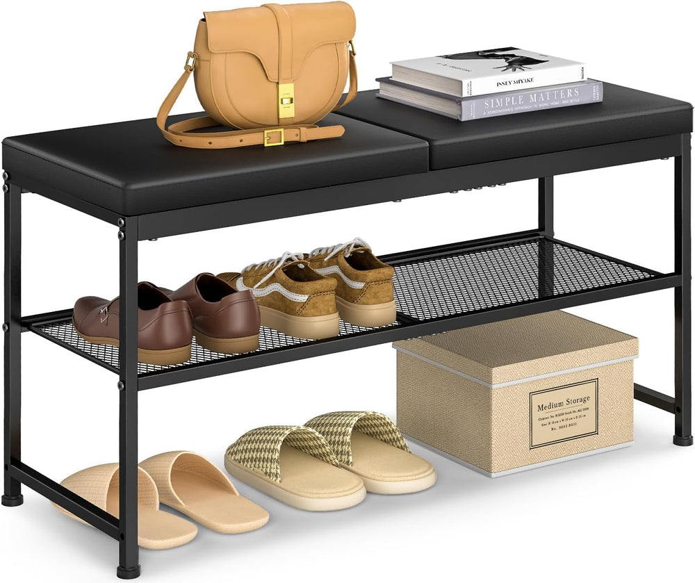 DAOUTIME Shoe Rack Bench, 2-Tier Shoe Storage Organizer with PU Seat Cushion,...