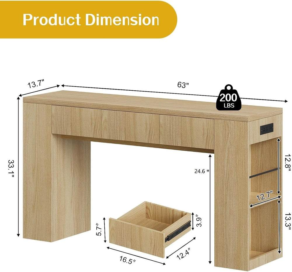 Entryway Table with 3 Drawers & Charging Station, 63" Console Table ...