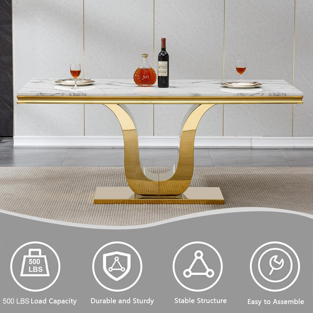 7-Piece Dining Table Set with 6 Beige Upholstered Chairs, 68" White Gold...