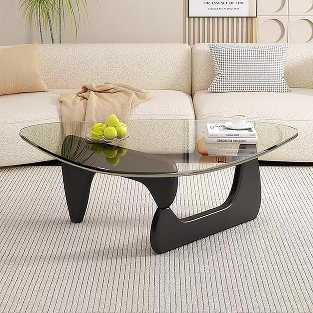Mid-Century Modern Glass Coffee Table,Triangle Tempered Glass Top Wooden Base