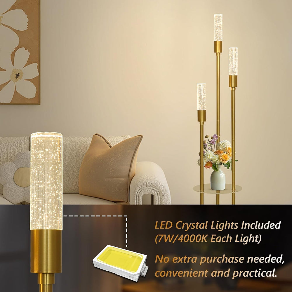 Modern Gold Floor Lamps for Living Room, Bubble Crystal Floor Lamp with Shelv...