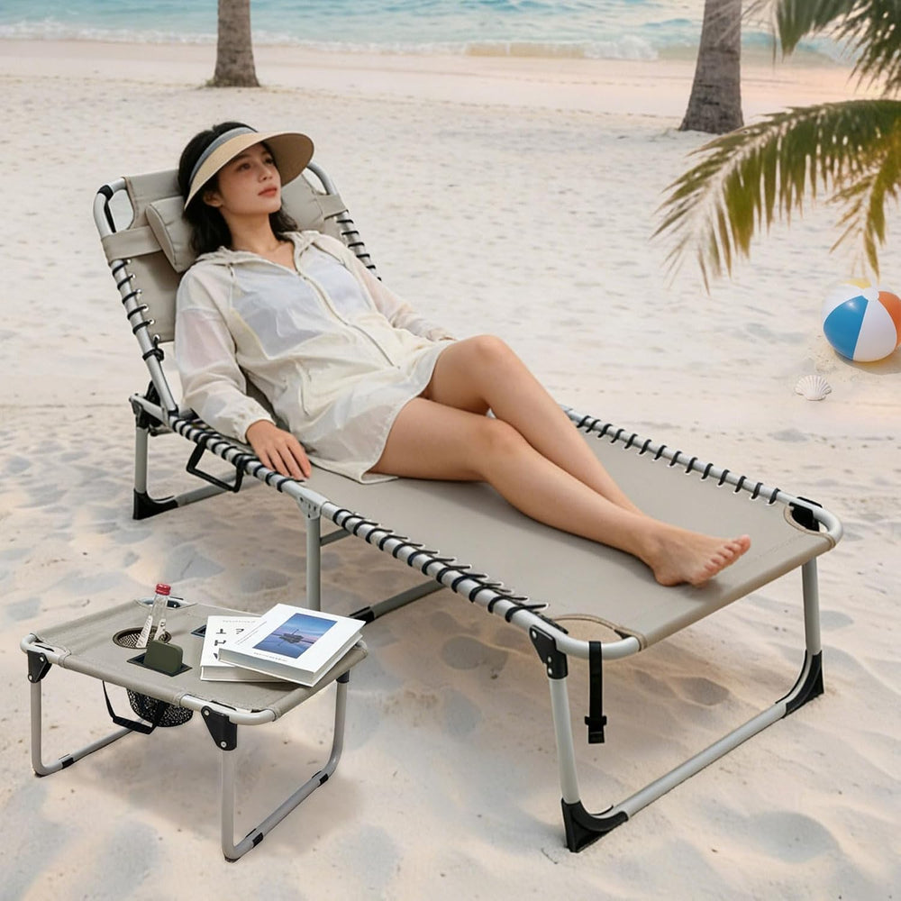 Backpack Sun Tanning Chair with Face Hole & Beach Table, 5-Position Adjus...