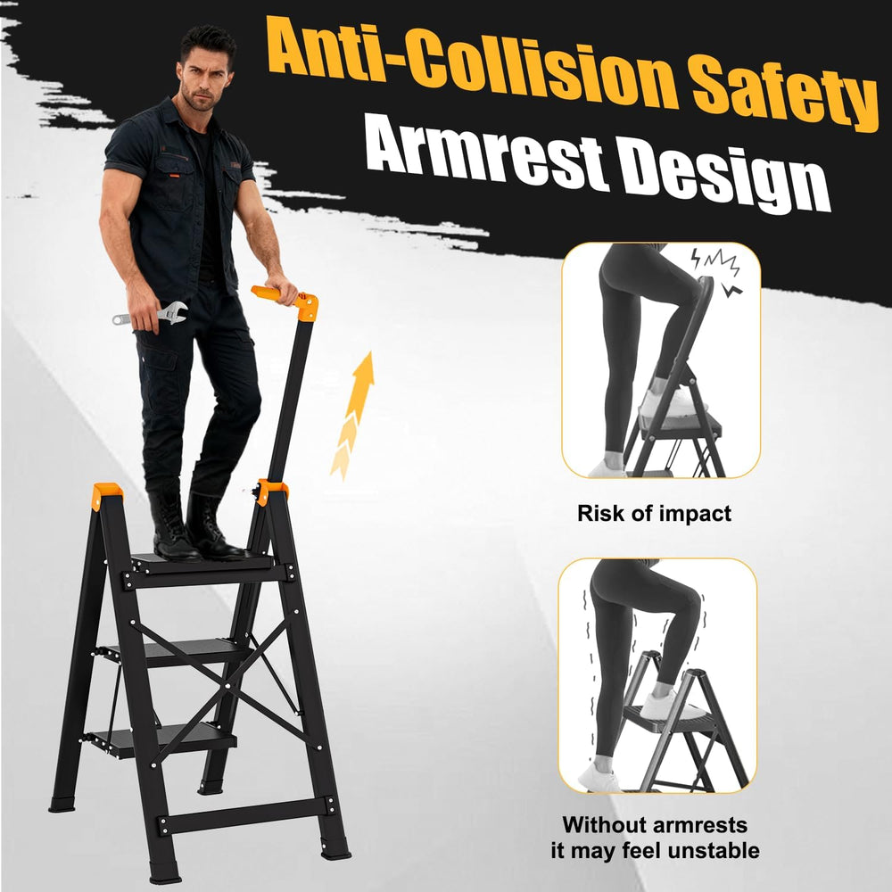 3 Step Ladder with Single-Handrail, Aluminum Step Stool Foldable (Yellow)