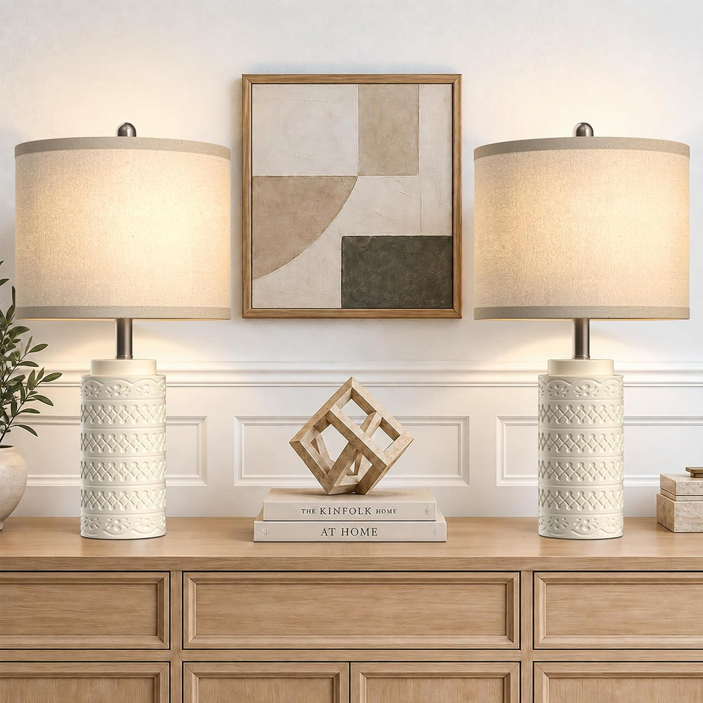 Modern Ceramic Table Lamp Set of 2 for Bedroom, White Bedside Lamp with Fabri...