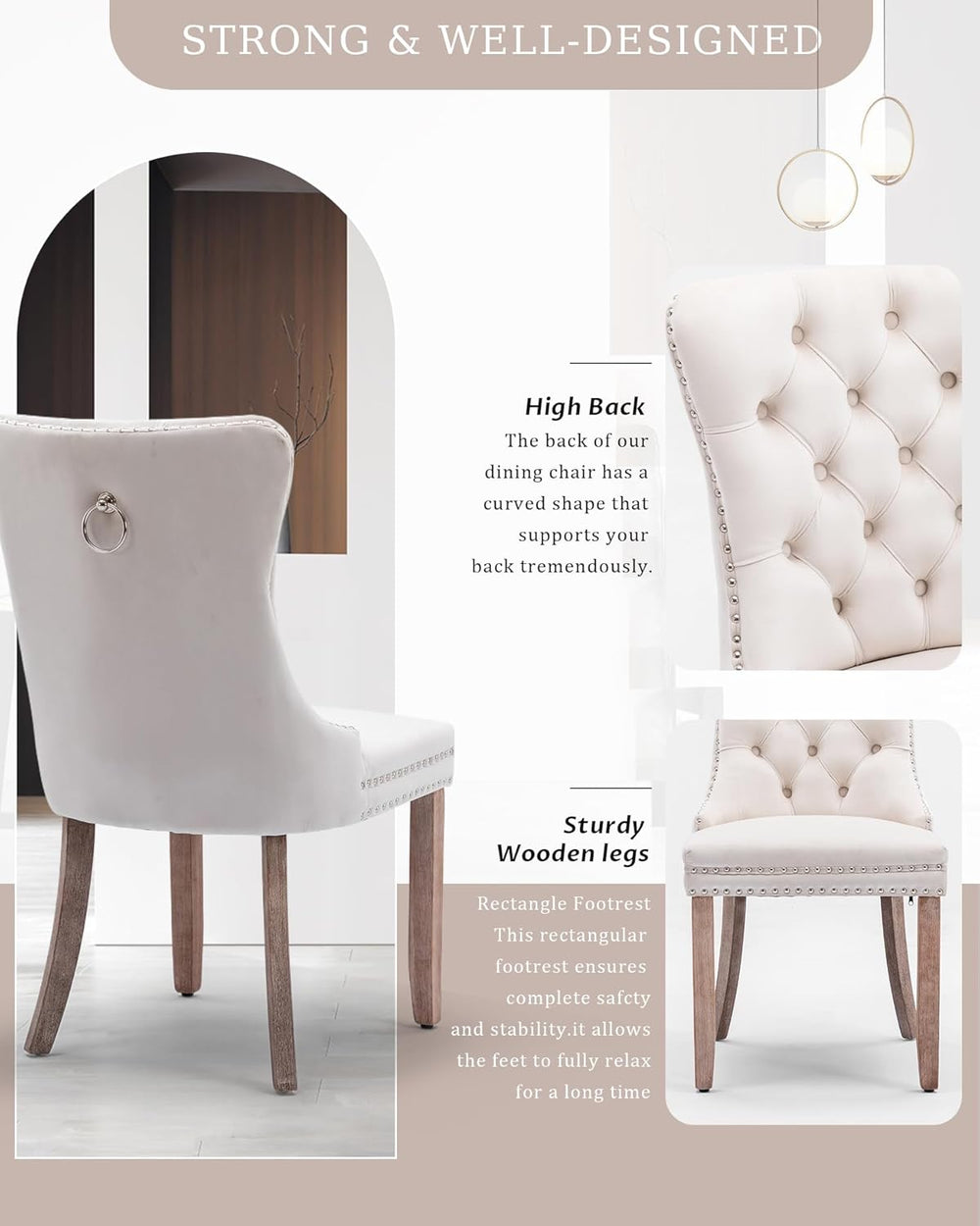 Velvet Dining Chairs Set of 2 Tufted Kitchen Chair Wood Legs,Beige | Mid Cent...