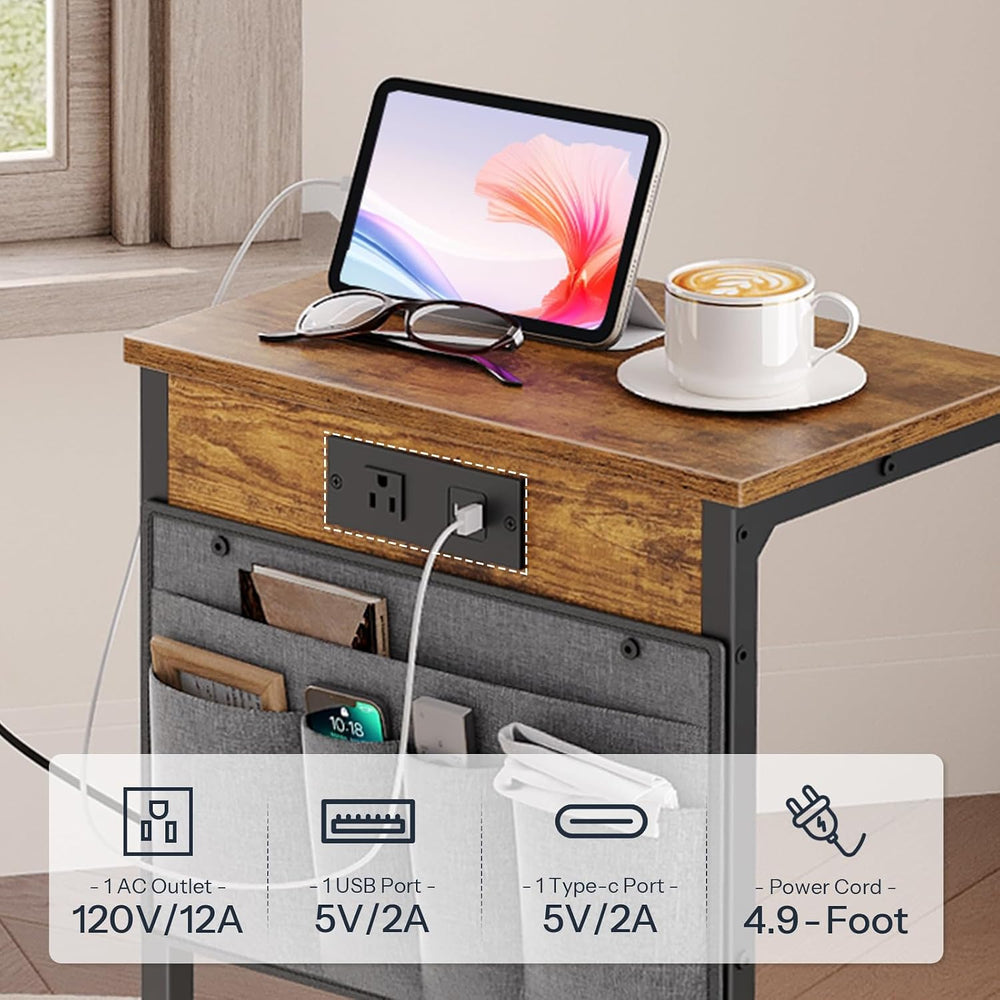 HOOBRO C Shaped End Table with Charging Station, Slide Under Couch Table