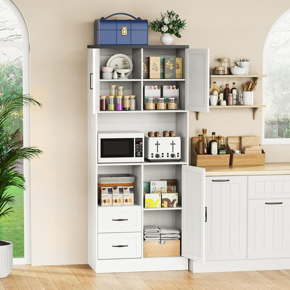 Bigbiglife Farmhouse Kitchen Pantry Cabinet with LED Lights and Power Strip, ...