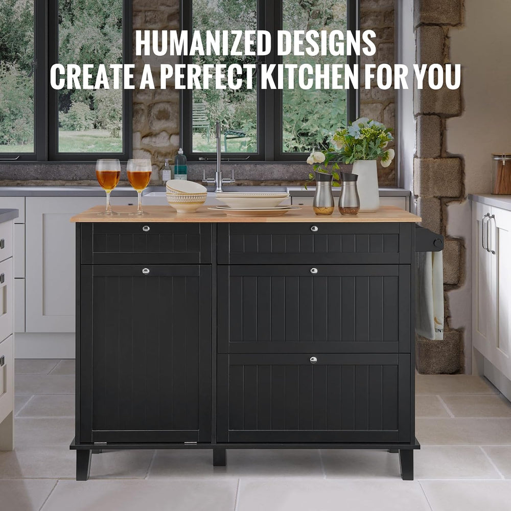 VEVOR Kitchen Island Cart, 50" Wood Top Breakfast Bar with Trash Cabinet...