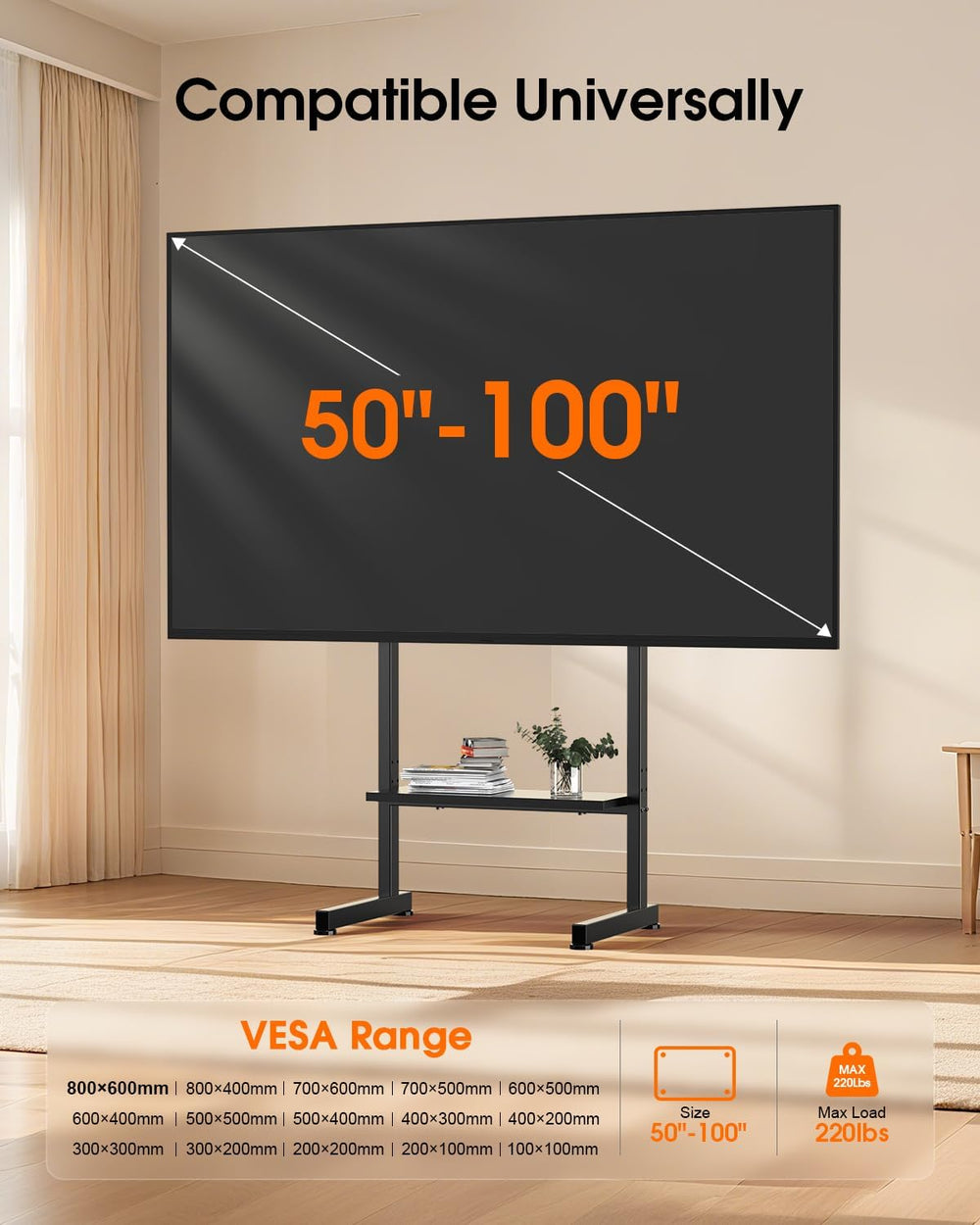 Heavy Duty Floor TV Stand for 50-100 Inch TVs, 220 lbs, Max VESA 800x600mm | ...