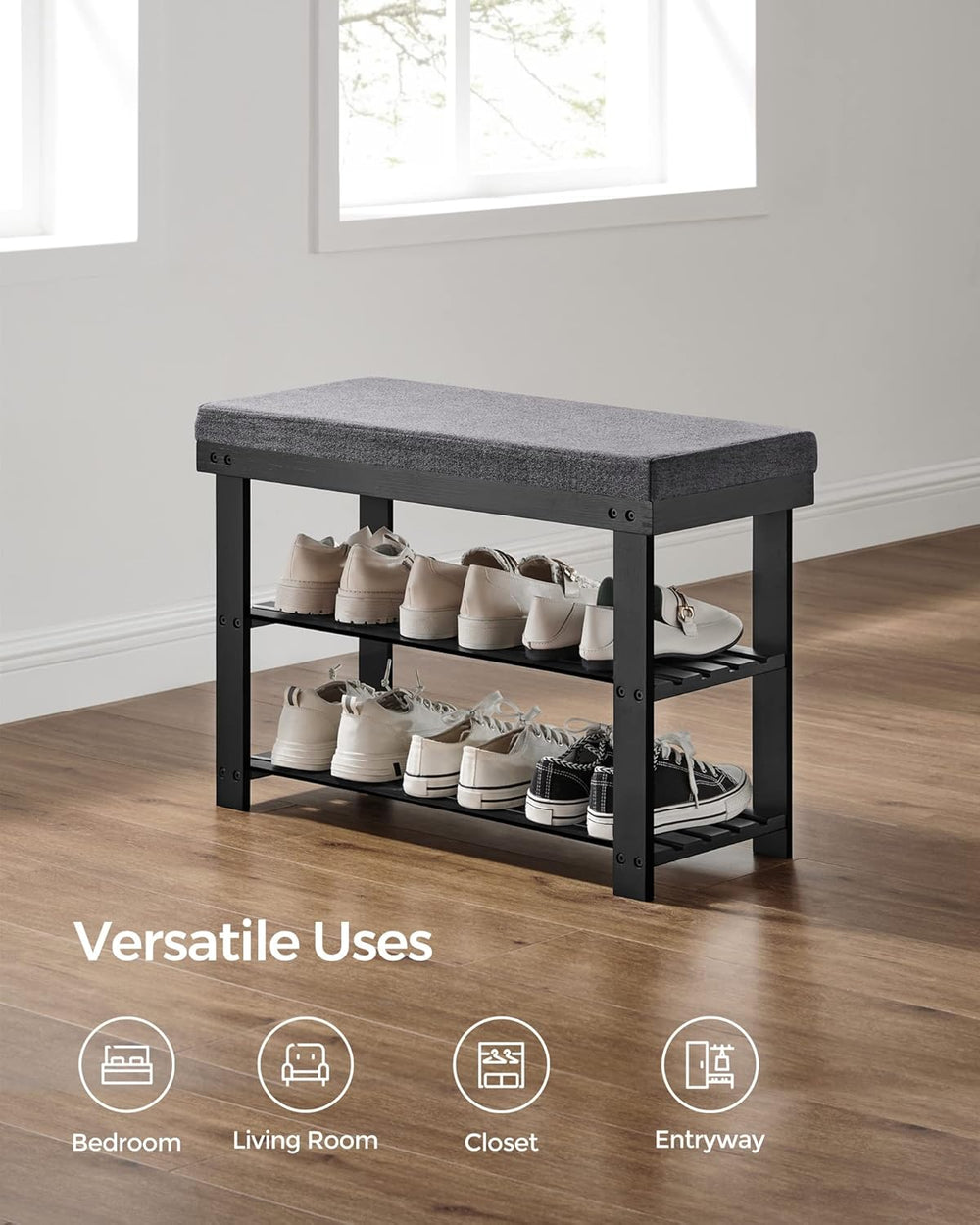 SONGMICS Bamboo Shoe Bench, 3-Tier Shoe Rack Organizer for Entryway, Living R...
