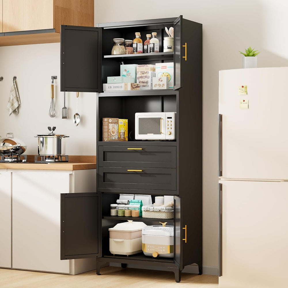 75” Tall Kitchen Pantry Storage Cabinet, Metal Storage Cabinet with 2 Drawers...