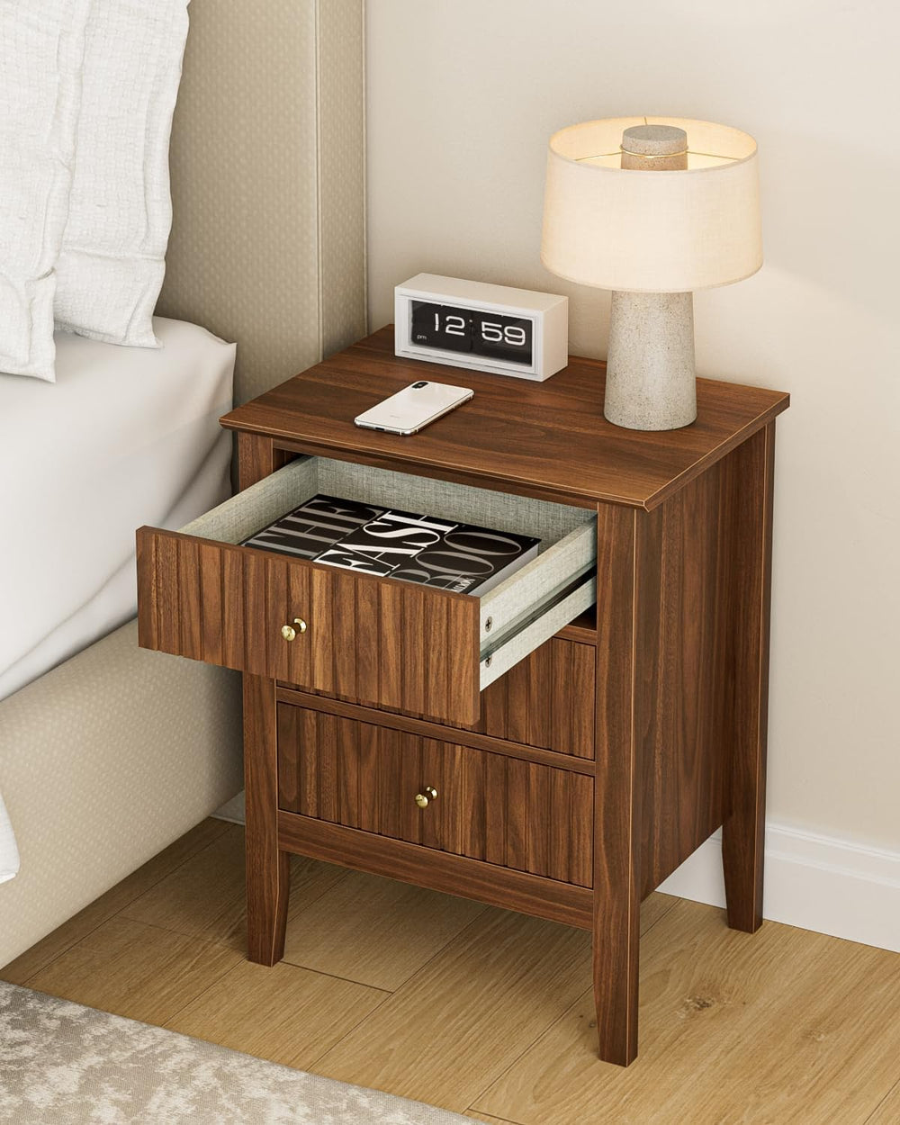 Night Stand, Fluted Nightstand Bedside Tall Farmhouse Nightstand with 3 Drawe...
