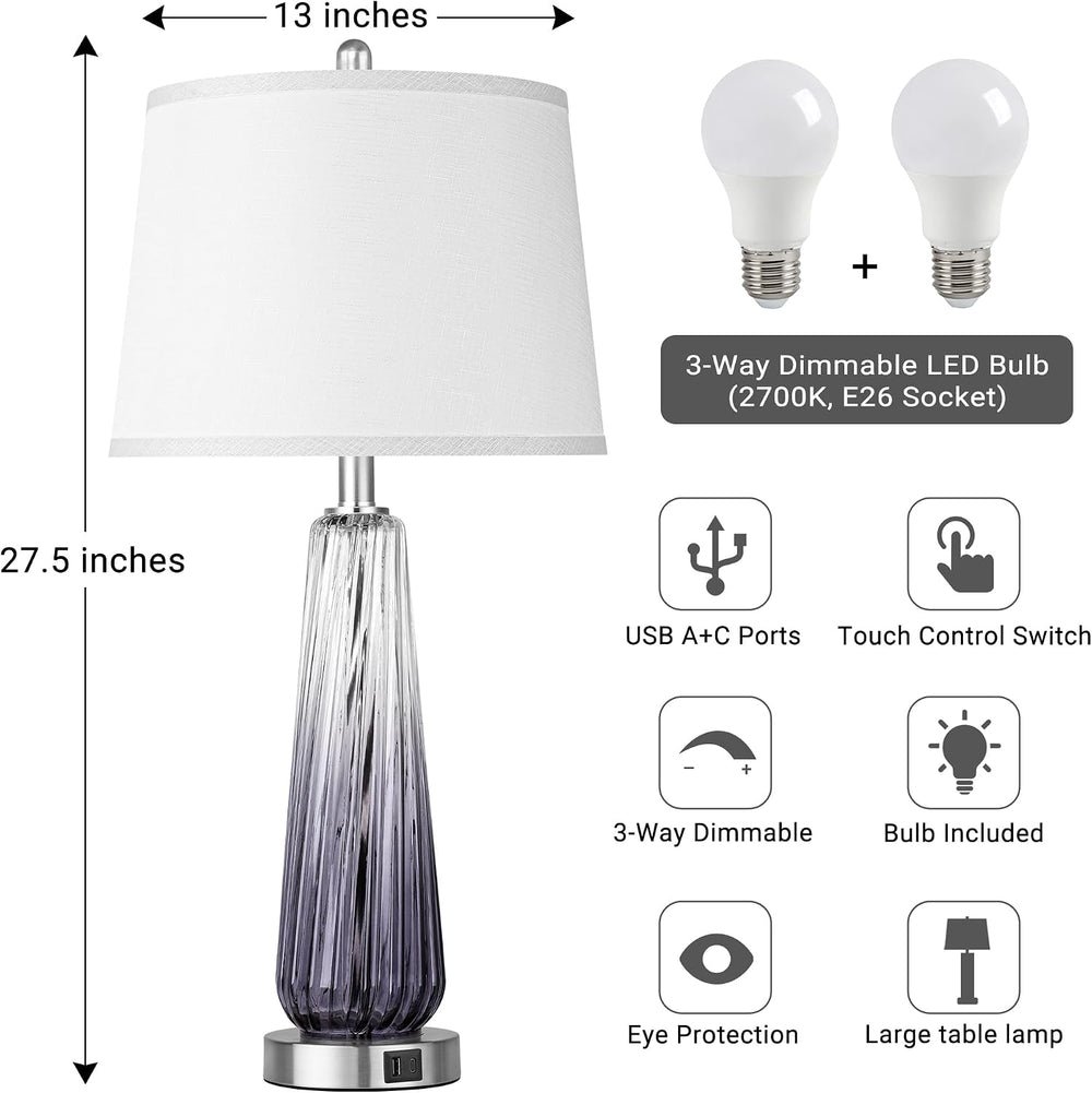 Glass Table Lamps Set of 2, Modern Bedside Lamps for Bedrooms with USB A+C Po...