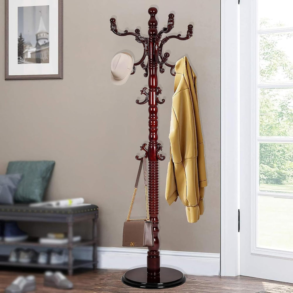 Wooden Coat Rack Freestanding, 14 Hooks, 73" Adjustable Height