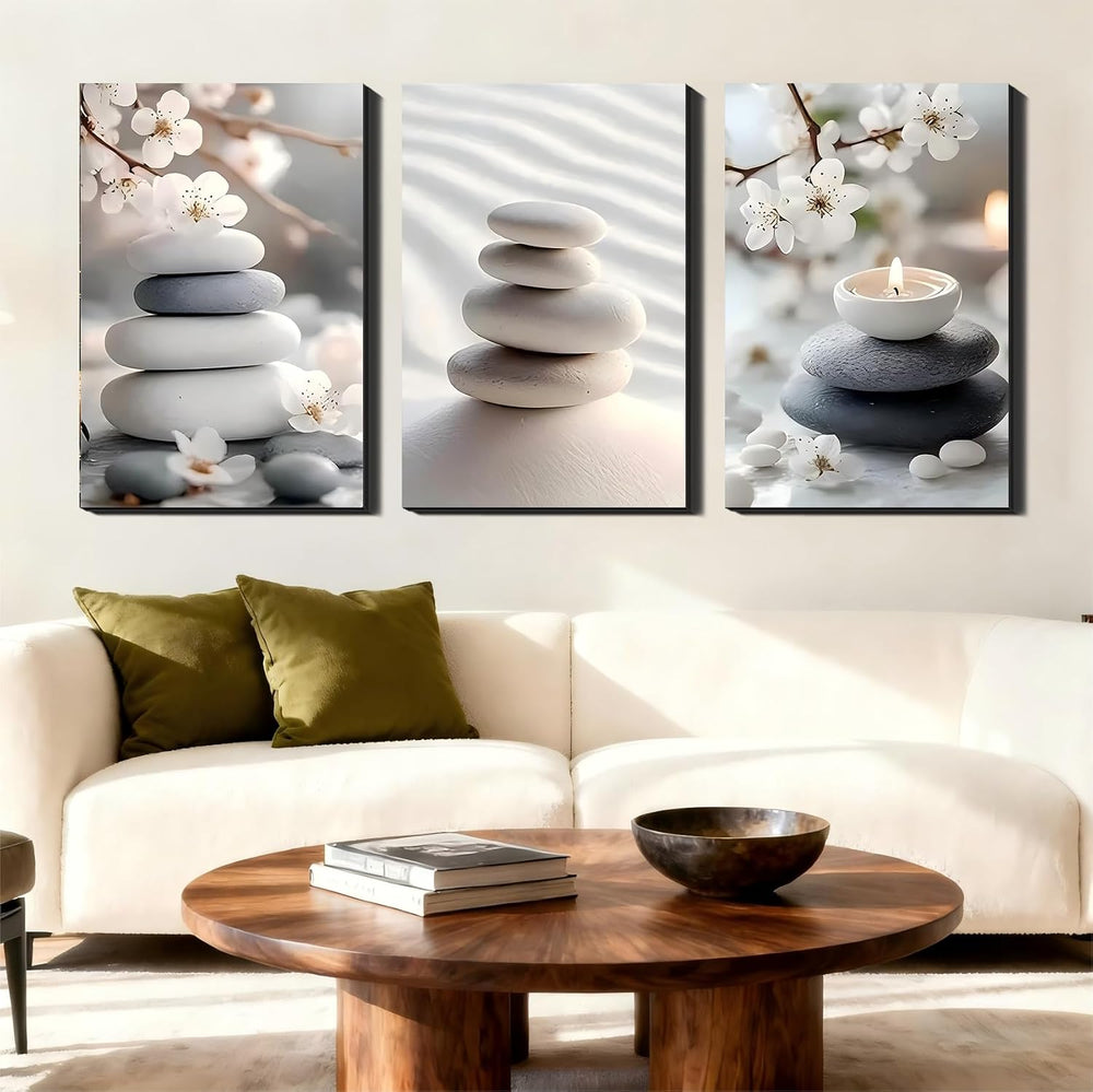 3 Panel Framed Canvas Wall Art - Calming Zen Wall Decor, Neutral-Tone Stone &...