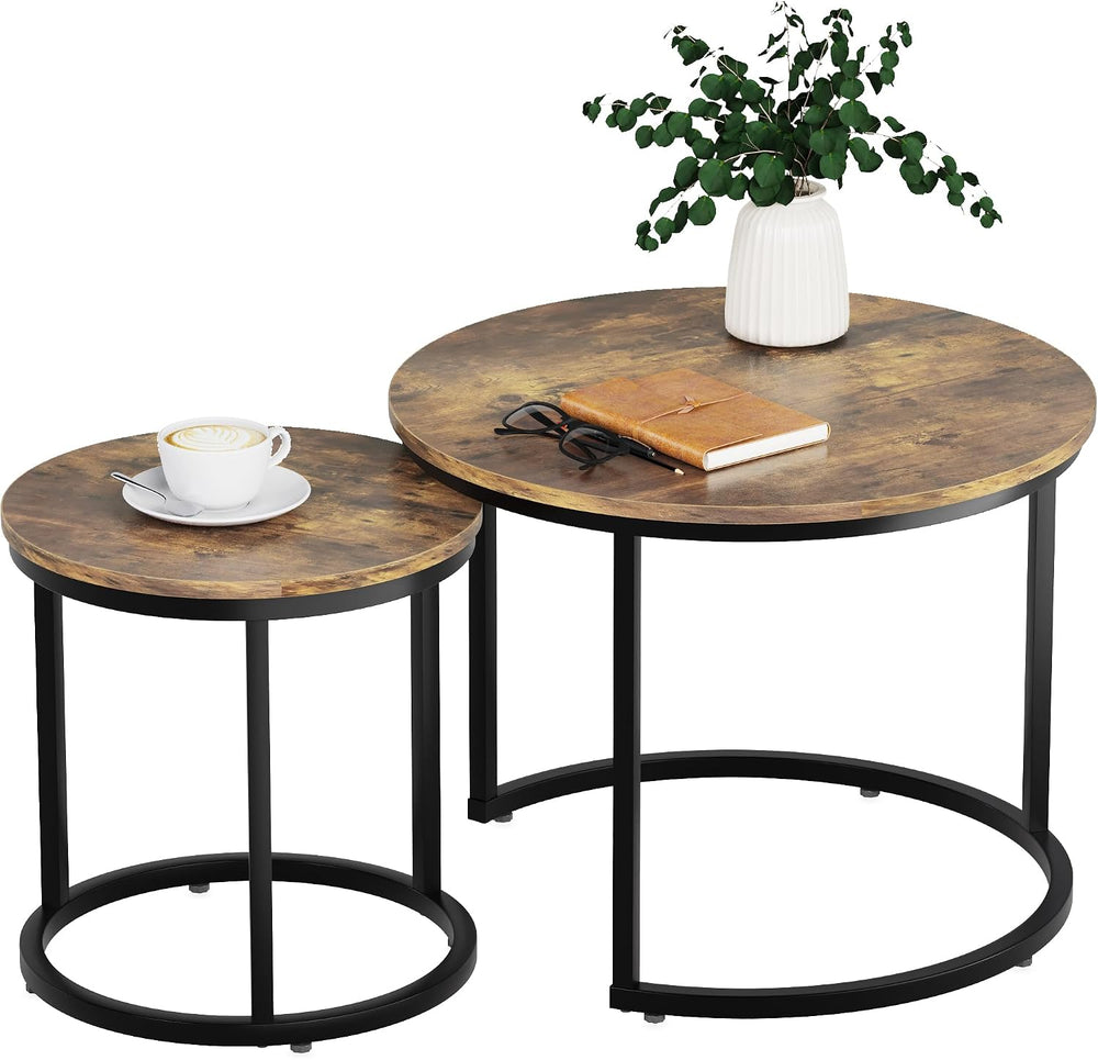 Smuxee Nesting Coffee Table Set of 2, 23.6" Round Coffee Table Rustic Wo...