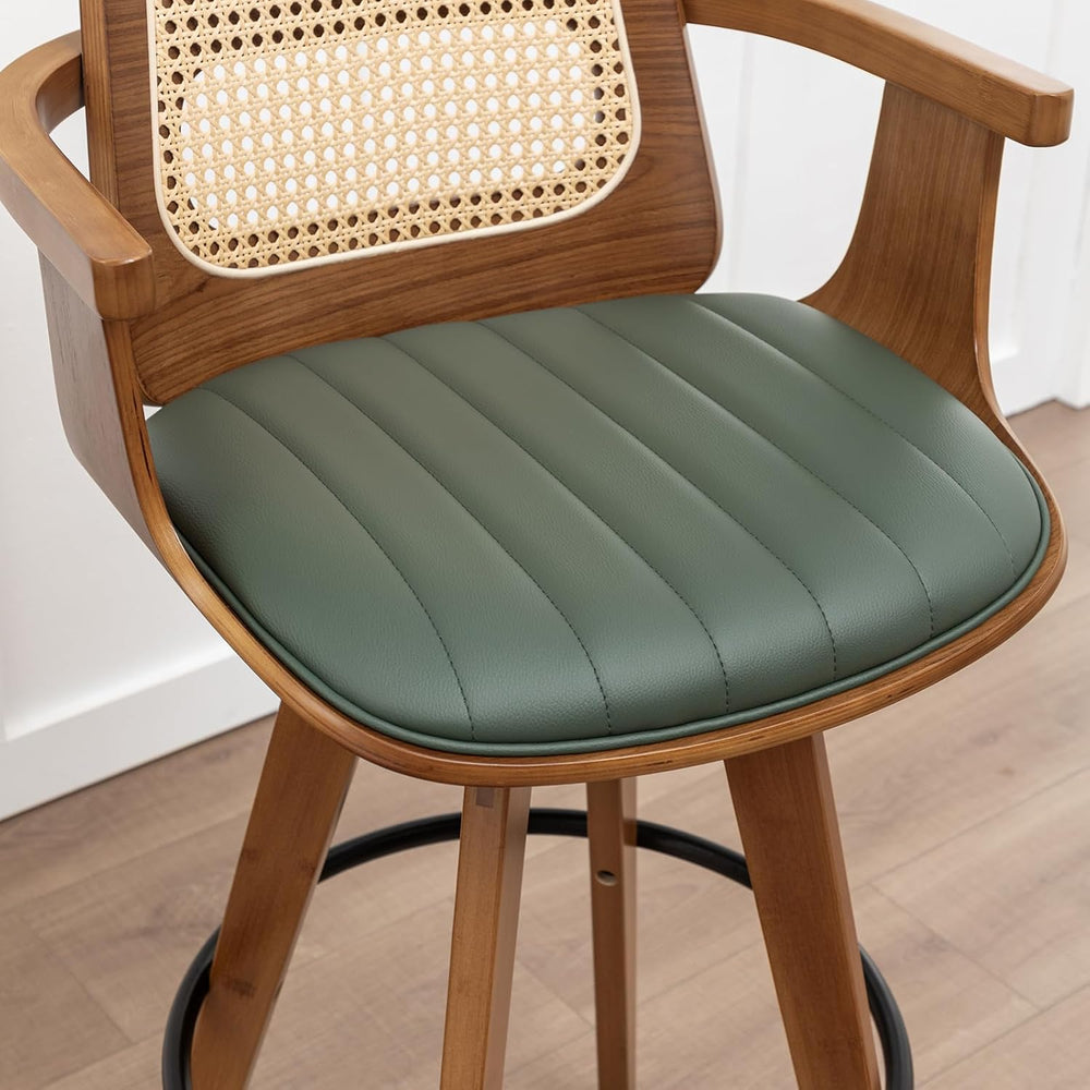 Mid Century Bar Stools, Rattan Bar Height Barstools with Curved Cane Back