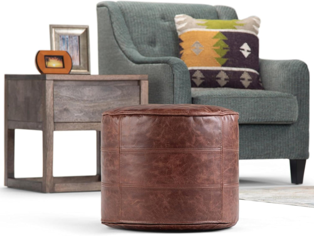 SIMPLIHOME Connor 18" Wide Round Pouf in Distressed Brown Genuine Leathe...