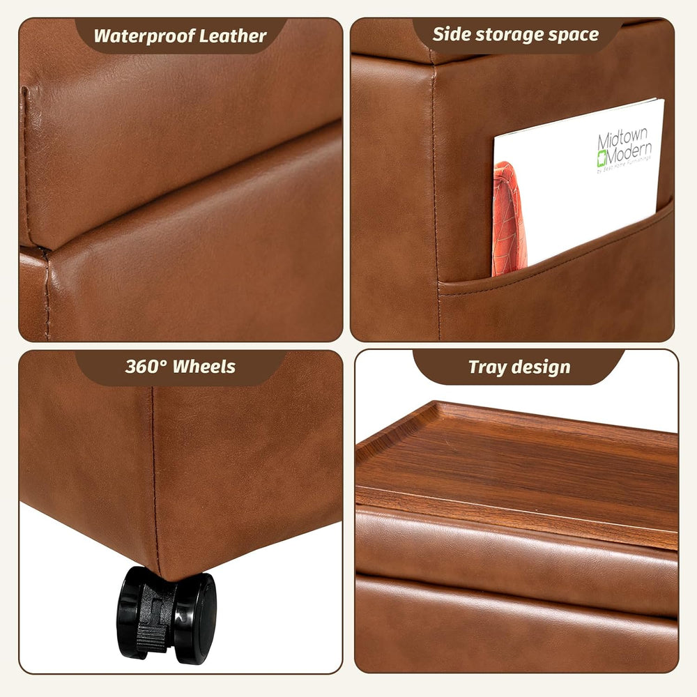 16" Faux Leather Storage Ottoman Foot Rest Stool with Wooden Tray, Foots...
