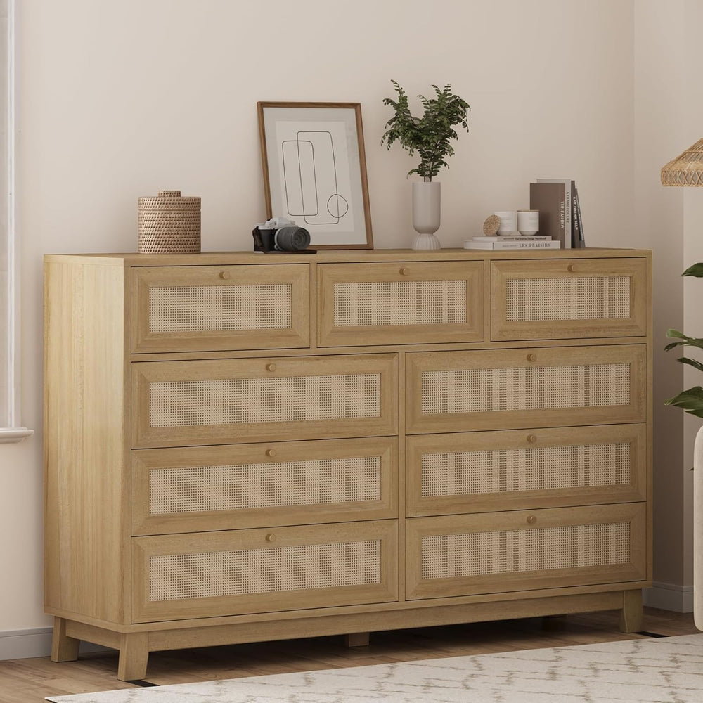 AOGLLATI Rattan Dresser for Bedroom with 9 Drawer, Modern Wooden Long Bedroom...