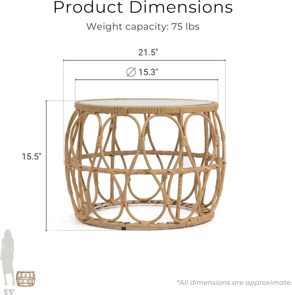 Furniture of America Ysar Boho Rattan Round Coffee Table Outdoor with 5mm Tem...