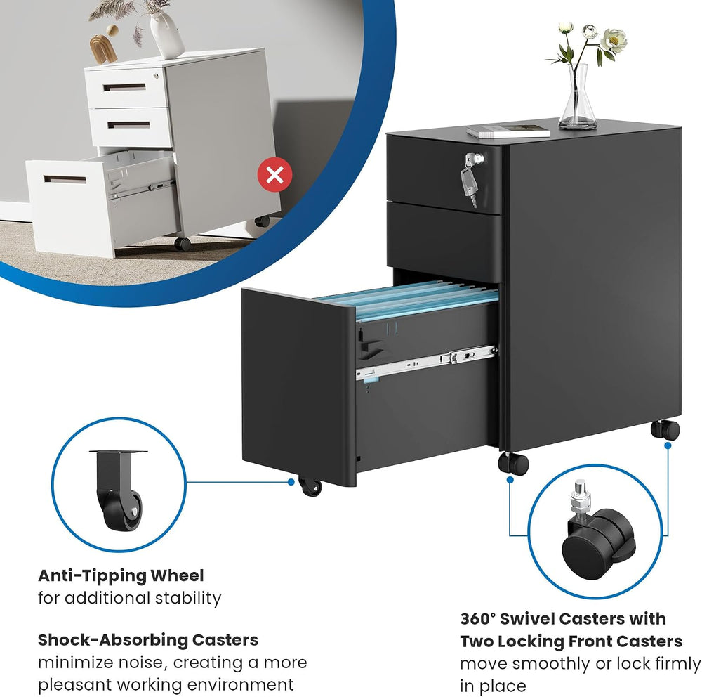 Mount-It! Slim 3 Drawer Rolling File Cabinet with Lock, Mobile Metal Filing C...