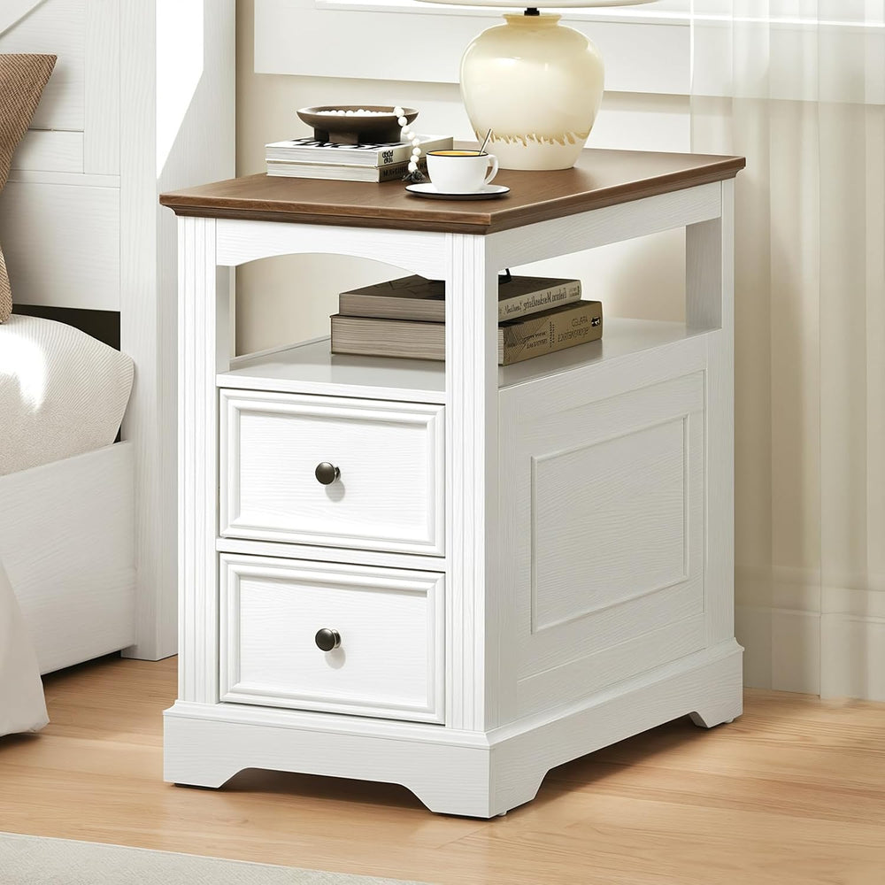 RALGEND Farmhouse End Table with 2 Drawers, Narrow Sofa Side Table with Stora...
