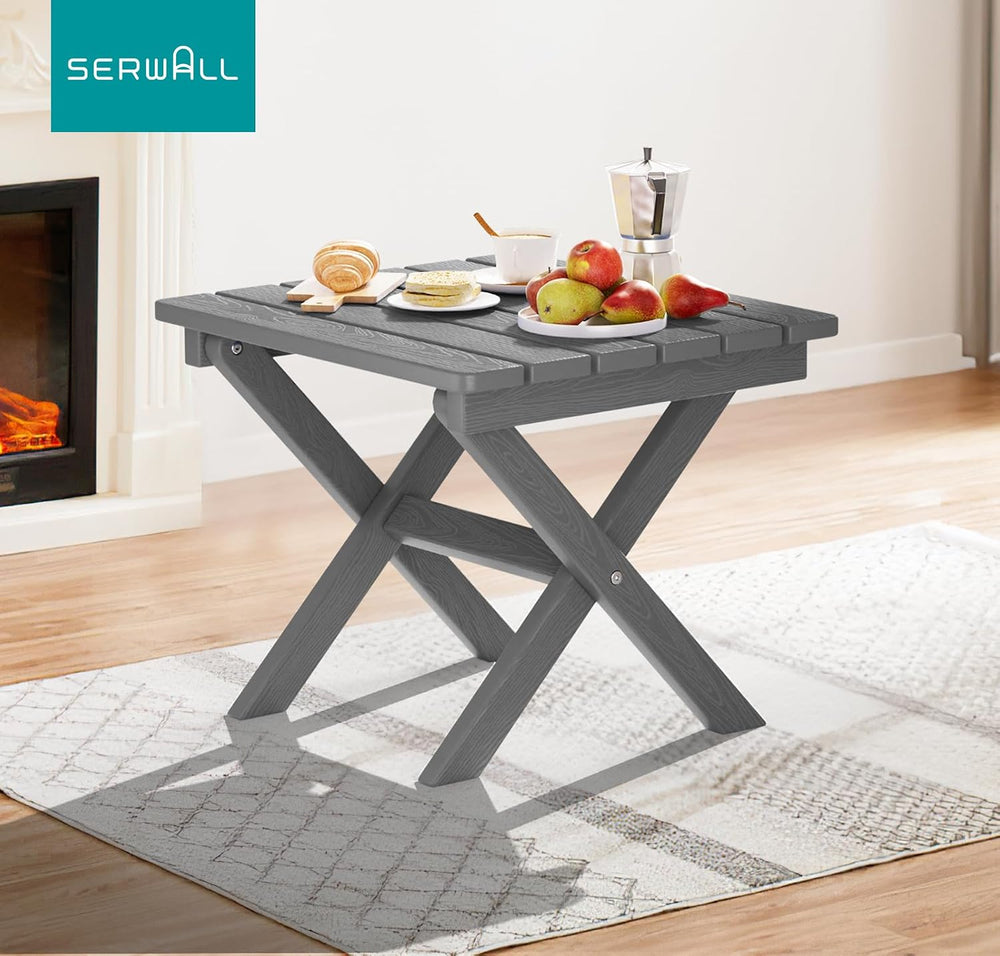 SERWALL Small Folding Side Table, HDPE Outdoor End Table, Gray