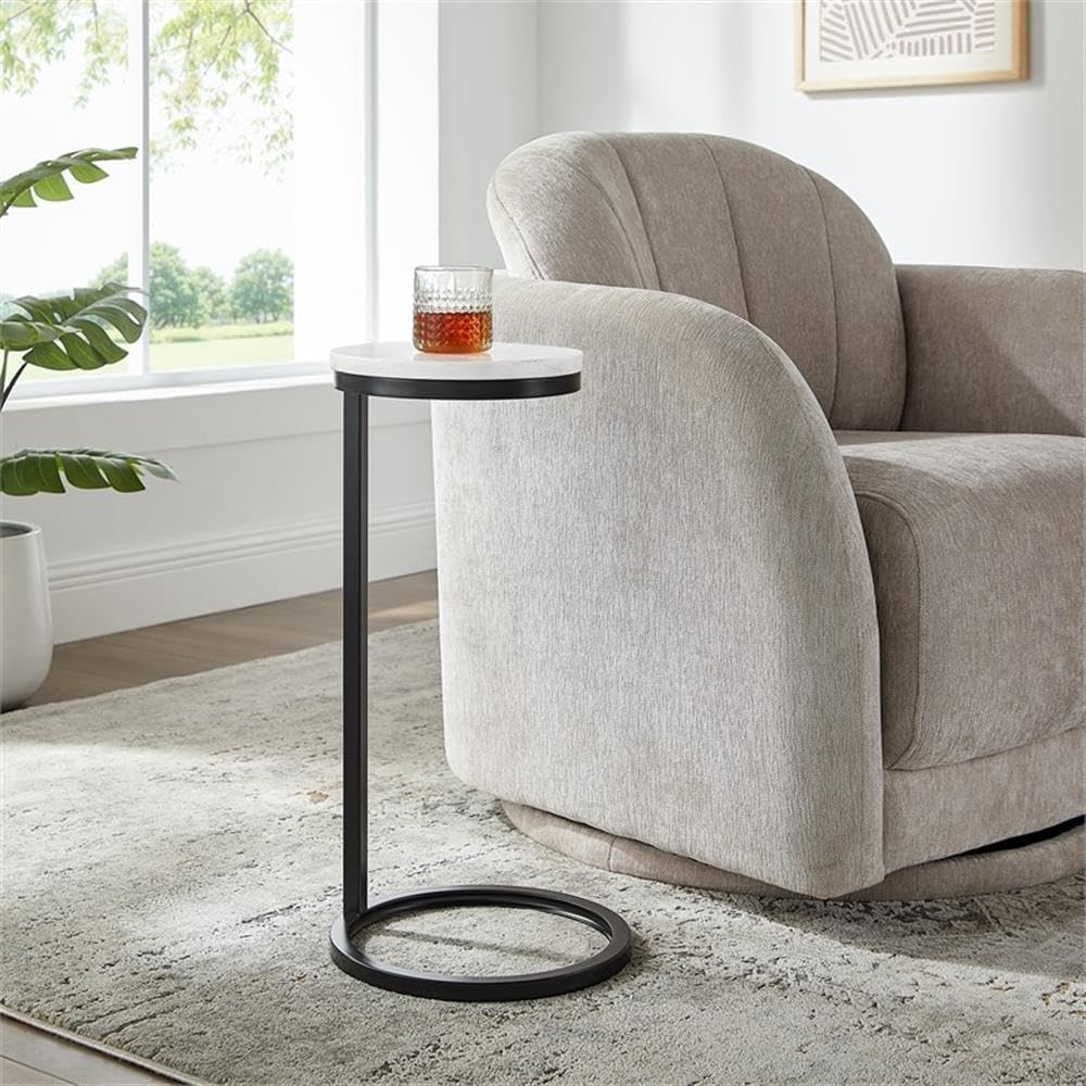 Chalmay Round Bronze Metal Accent Table with White Marble Top