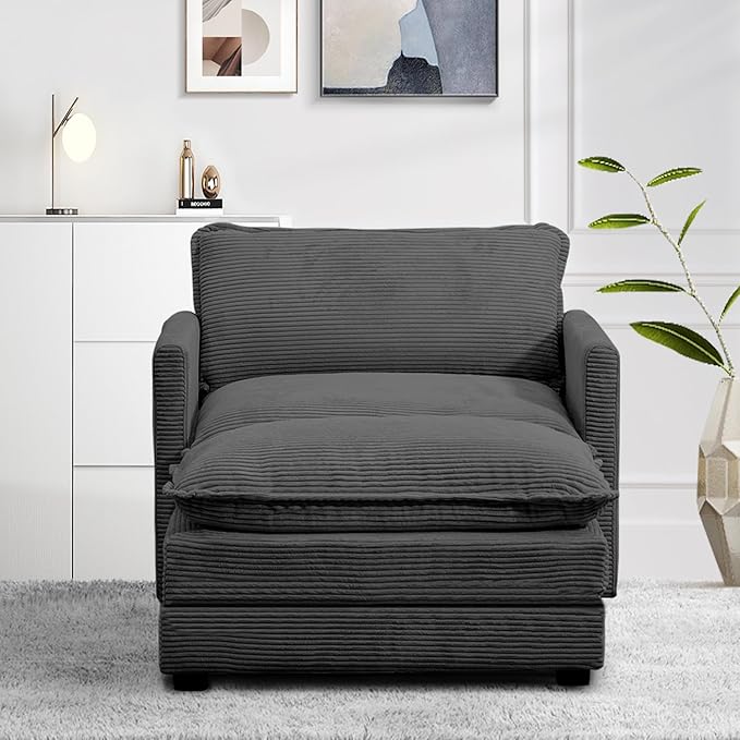 ROWHY Single Armchair with Ottoman, Modern Corduroy Cloud Couch with Converti...