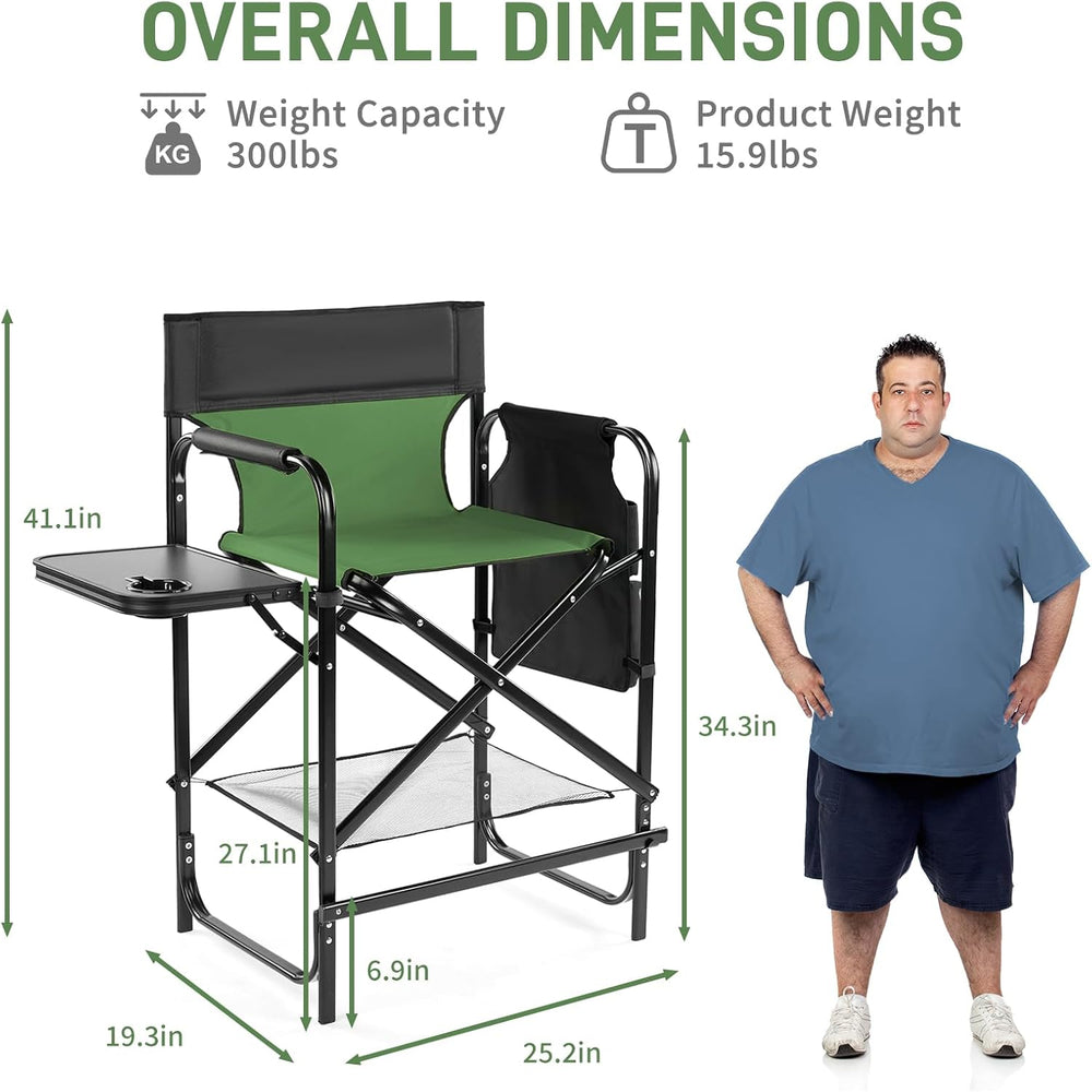 26" Tall Directors Chair Height Seat Folding with Side Table Storage Bag...