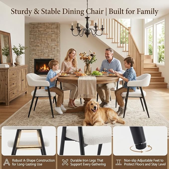 HNY Modern Dining Room Arm Chairs Set of 4, Faux Sherpa Boucle Upholstered Ba...