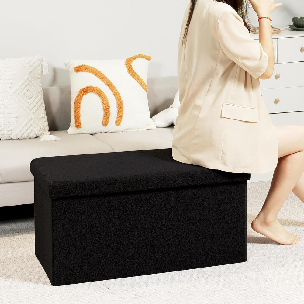 PINPLUS Folding Storage Ottoman Bench, Black Sherpa Ottoman for Living Room, ...