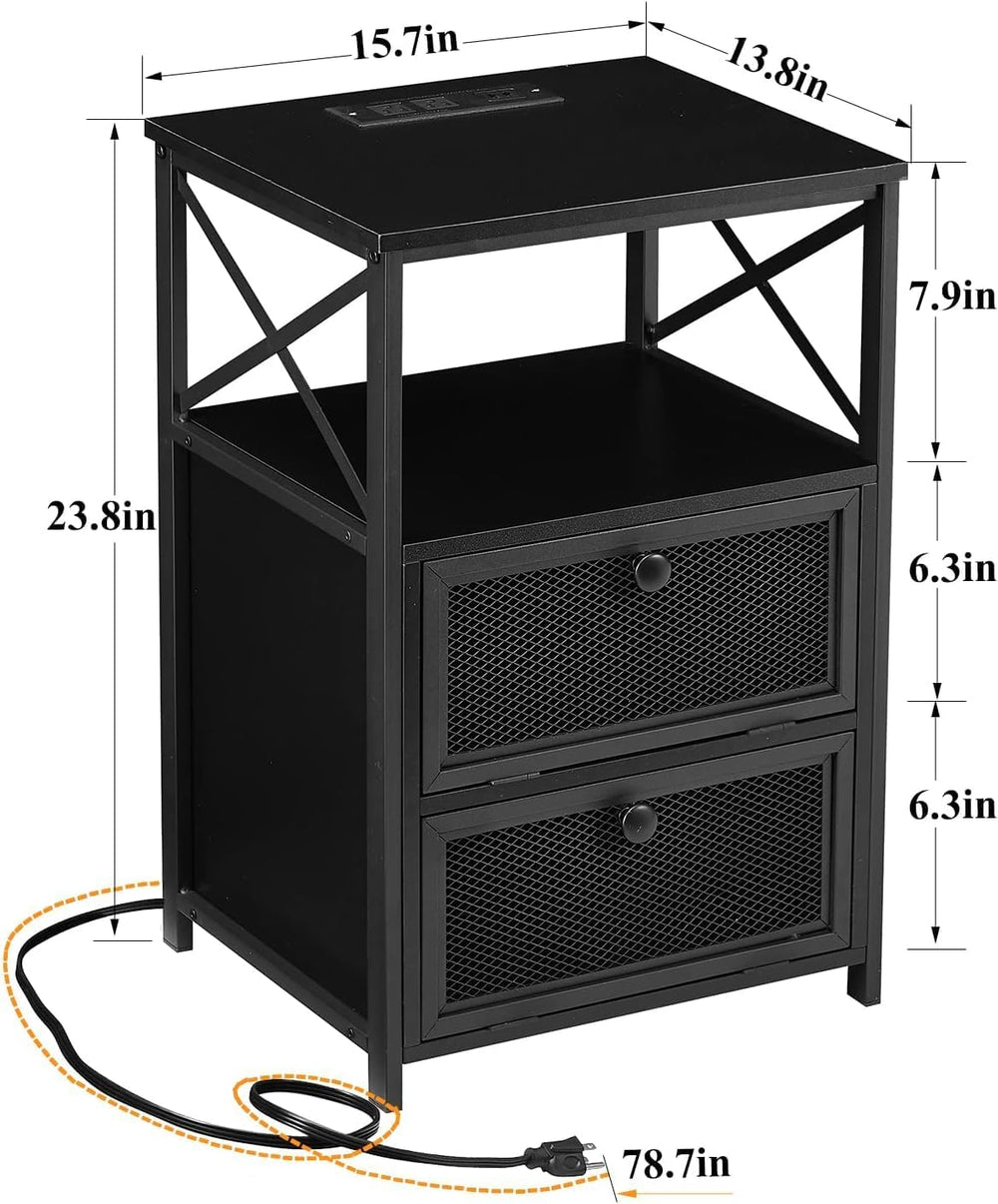 VECELO Black End Table with USB Ports and Outlets,24 Inch Nightstands with Ch...