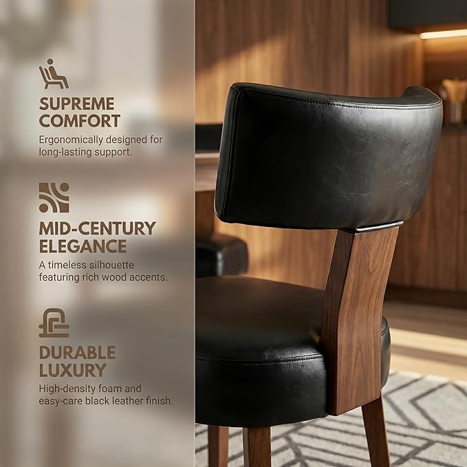 Black Leather Dining Chairs Set of 6, Upholstered Wooden Dining Room Chairs, ...