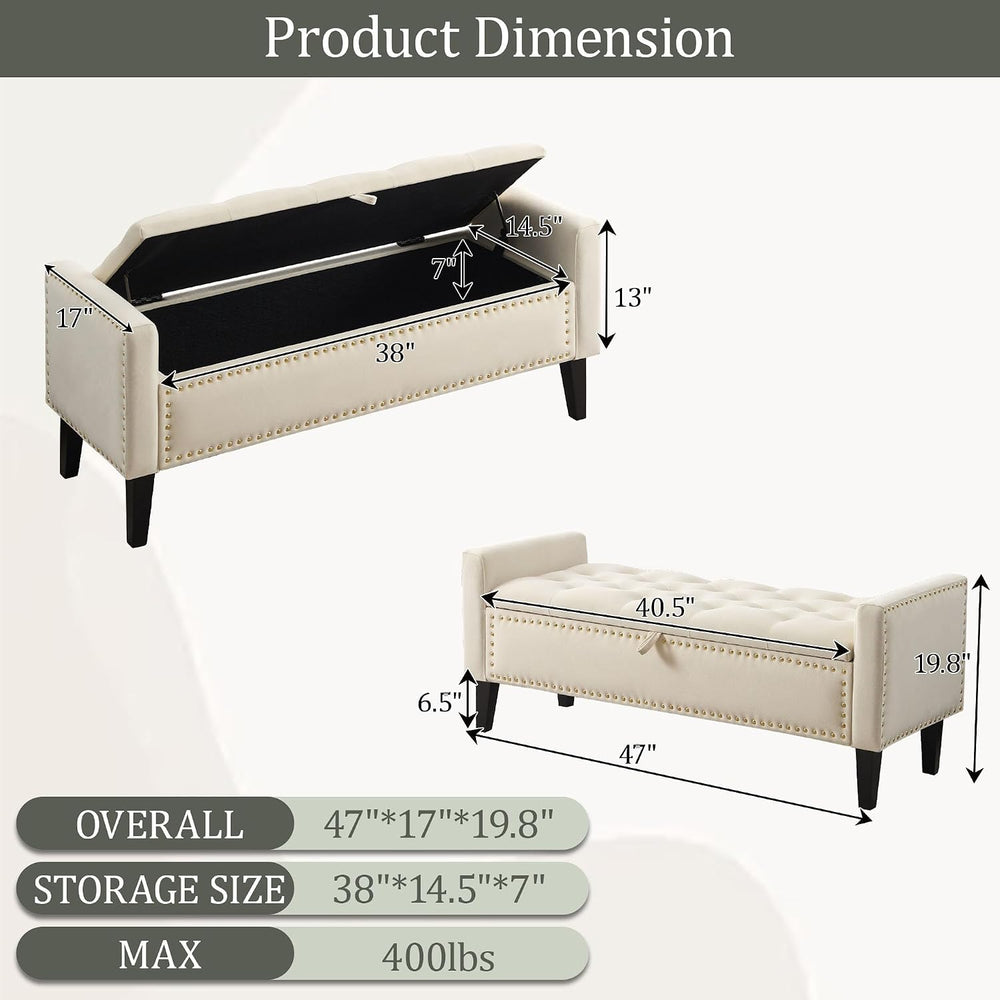 47in Velvet Storage Ottoman Bench with Arms, Upholstered Storage Bench with W...