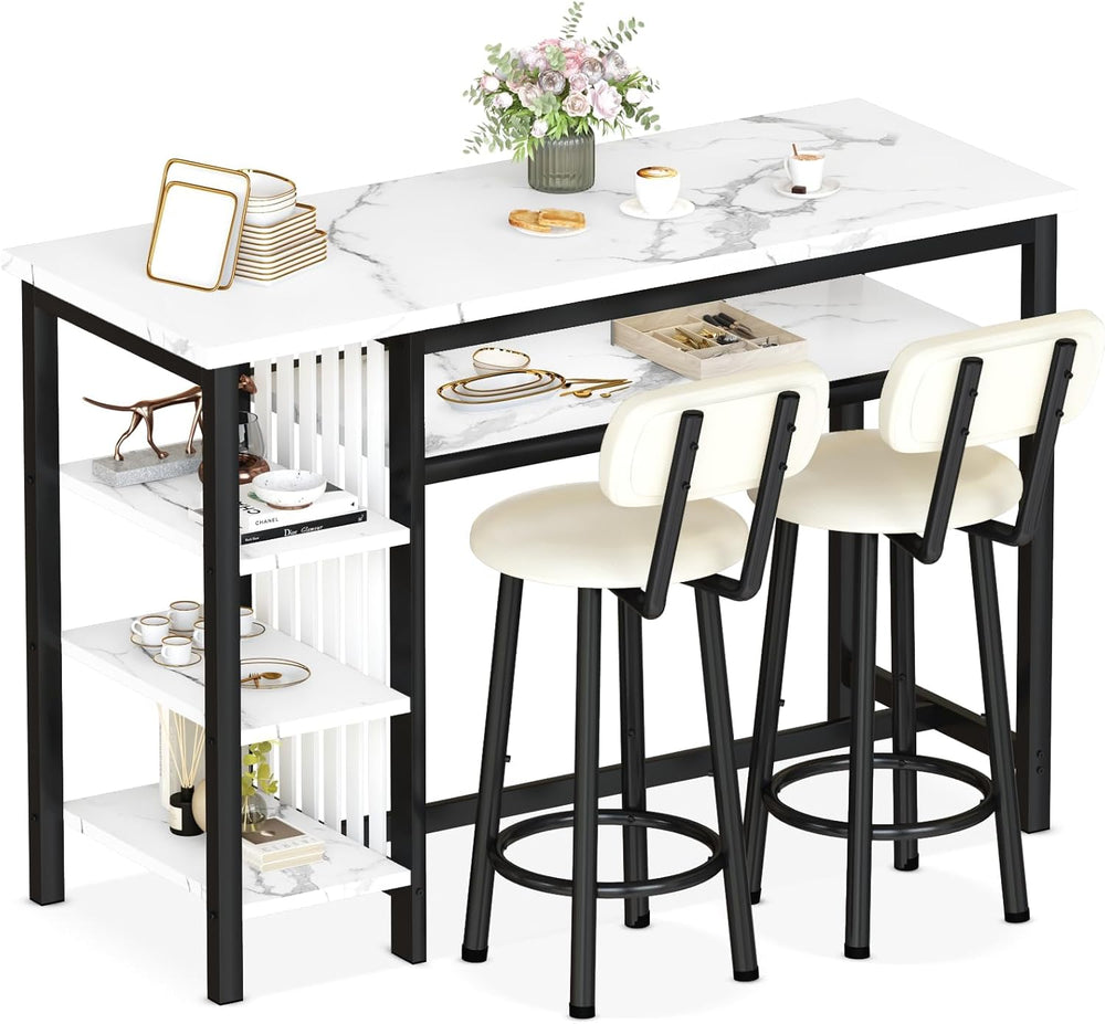 AWQM 3-Piece Bar Table and Chairs Set, Modern White Faux Marble Table with 2 ...
