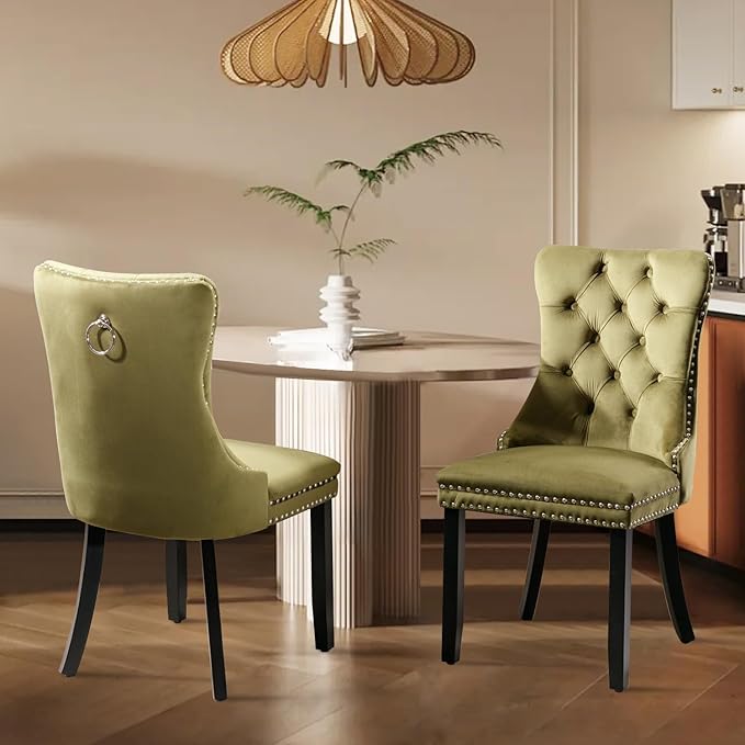 Velvet Upholstered Dining Chairs Set of 2, Modern Style Kitchen Side Chairs w...