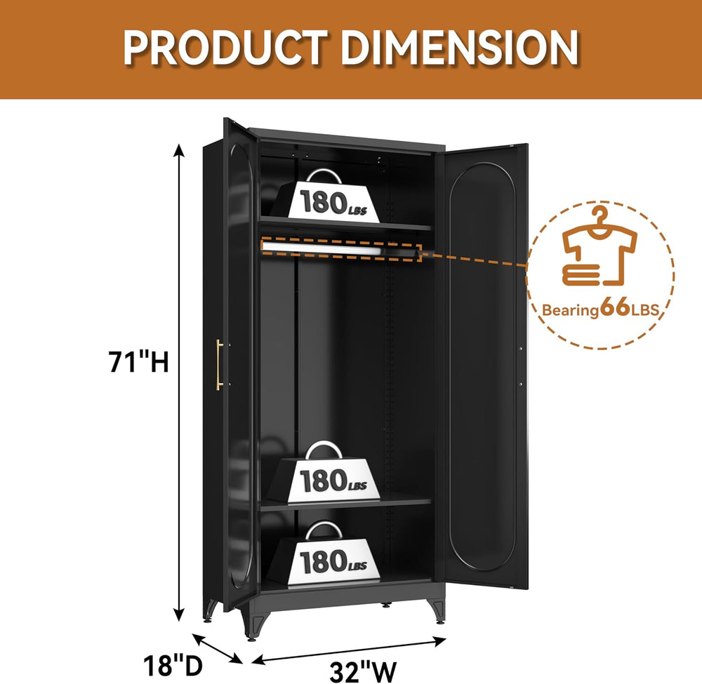 Polup 71" Black Metal Armoire Wardrobe Closet with 2 Doors and Shelves