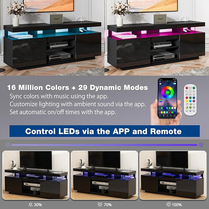 HOMMPA 70 Inch LED TV Stand with Power Outlets, Modern Entertainment Center w...
