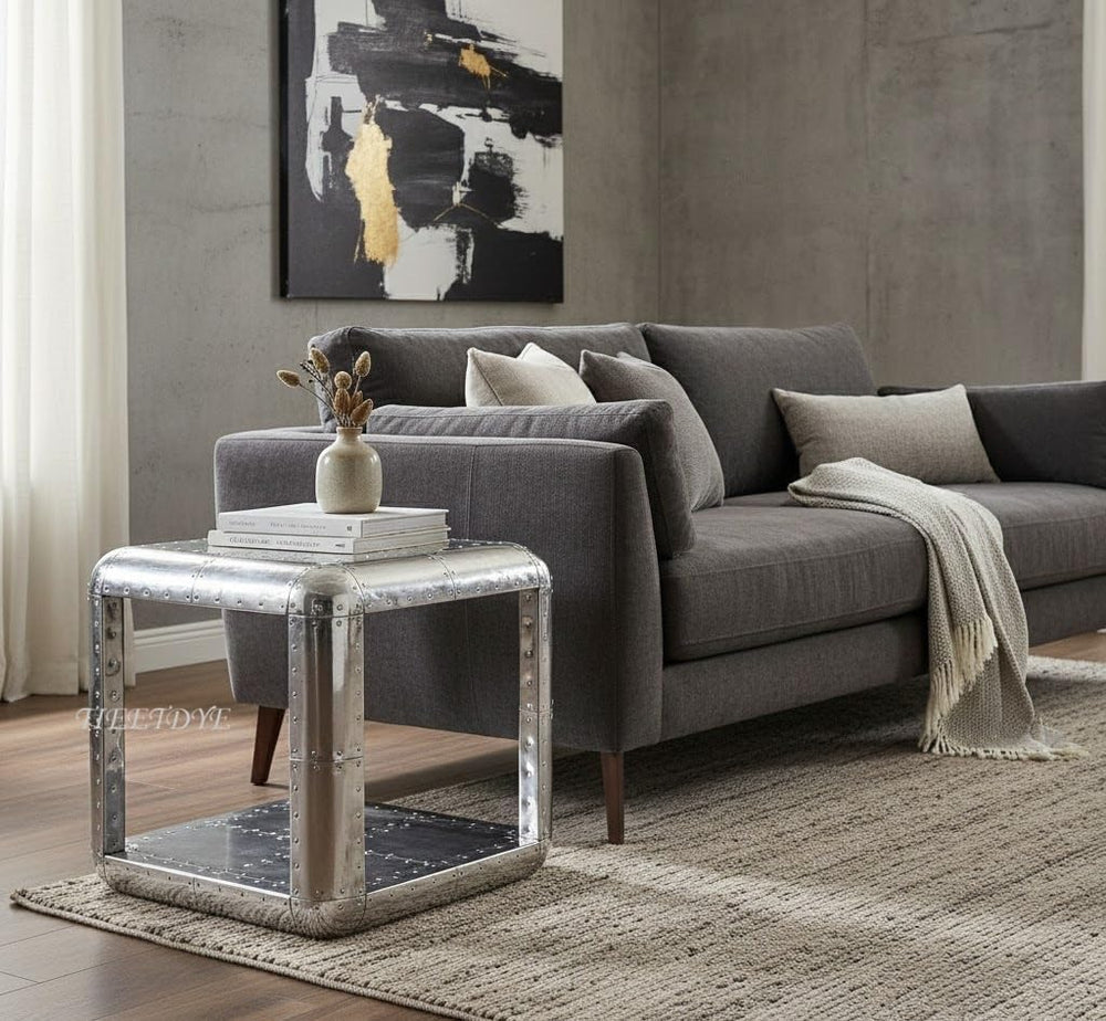 Aviator Side Table with Small Drawer Aluminum Finish Industrial Riveted Accen...