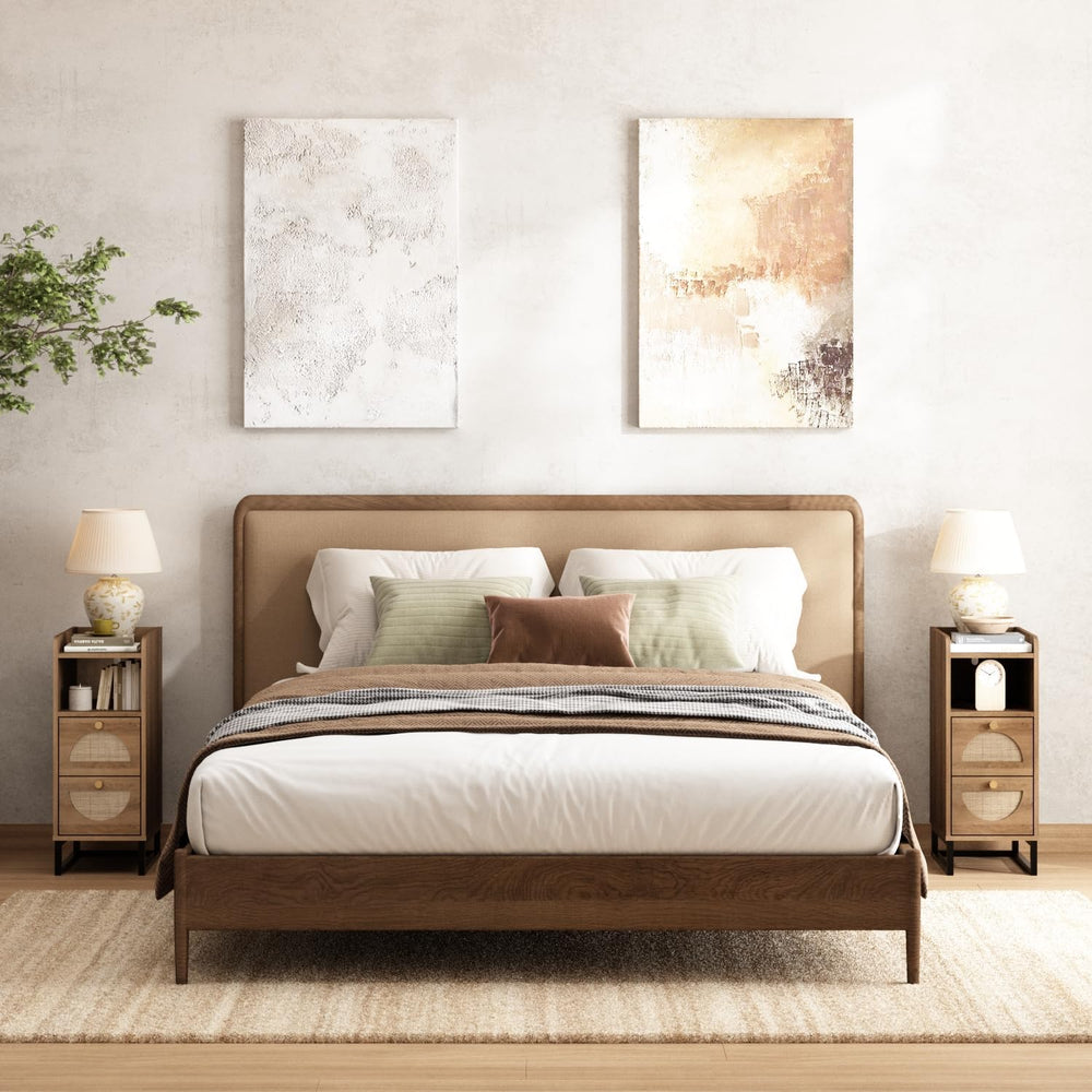 Narrow Nightstand for Small Spaces - 9.3" Slim Side Table with Rattan-We...