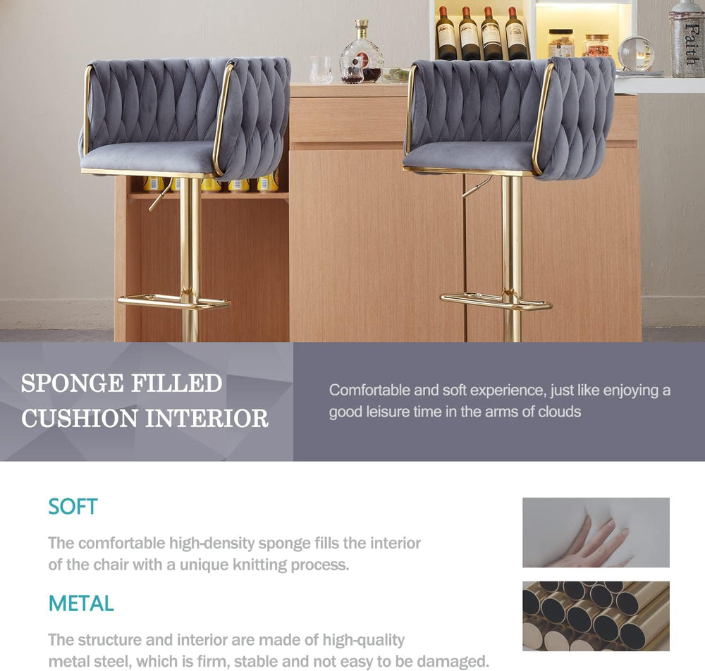 Velvet Swivel Bar Stools Set of 2, Counter Height Bar Stool with Woven Back, ...