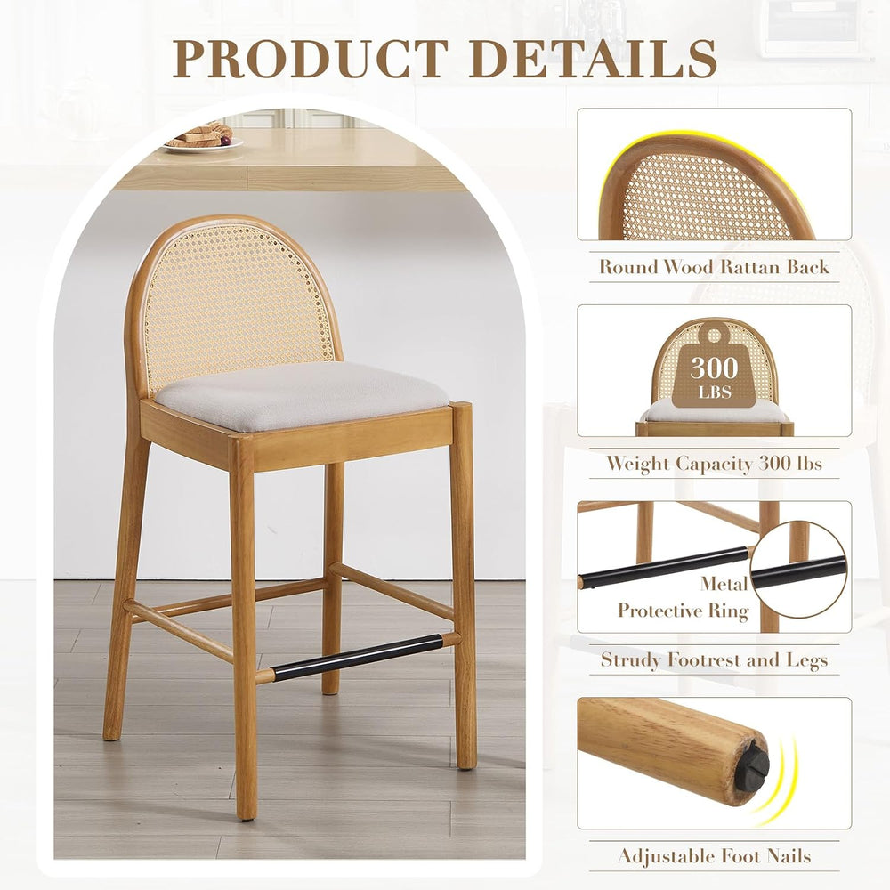 HEAH-YO Rattan Bar Stools Set of 2, 26 Inch Wood Counter Stools with Bakcrest...