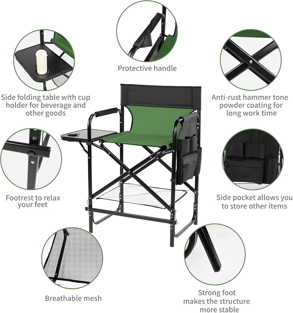 26" Tall Directors Chair Height Seat Folding with Side Table Storage Bag...