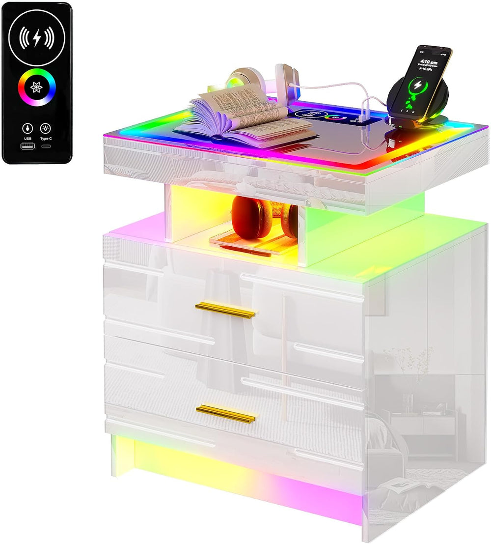 WOOVIVS Smart Nightstand with RGB Lights&Charging Station for Bedroom-White