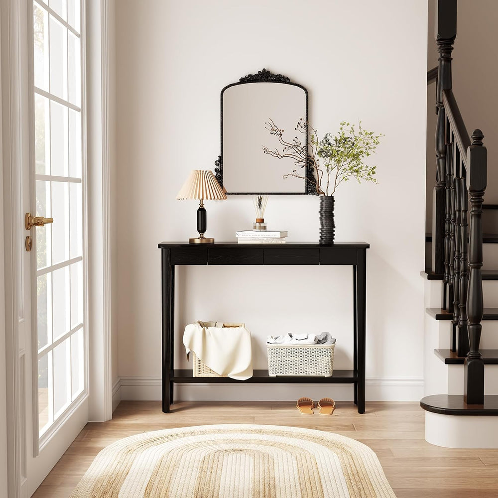 AQIMUELE Wood Console Table with Drawers, Mid Century Modern Console Table Bl...