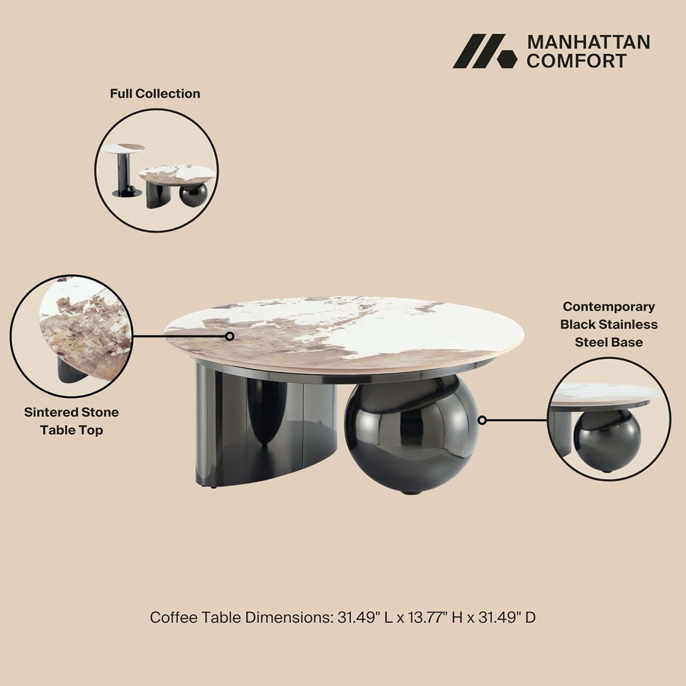 Manhattan Comfort Laurel 2 Piece Set, Round End and Coffee Tables with Sinter...