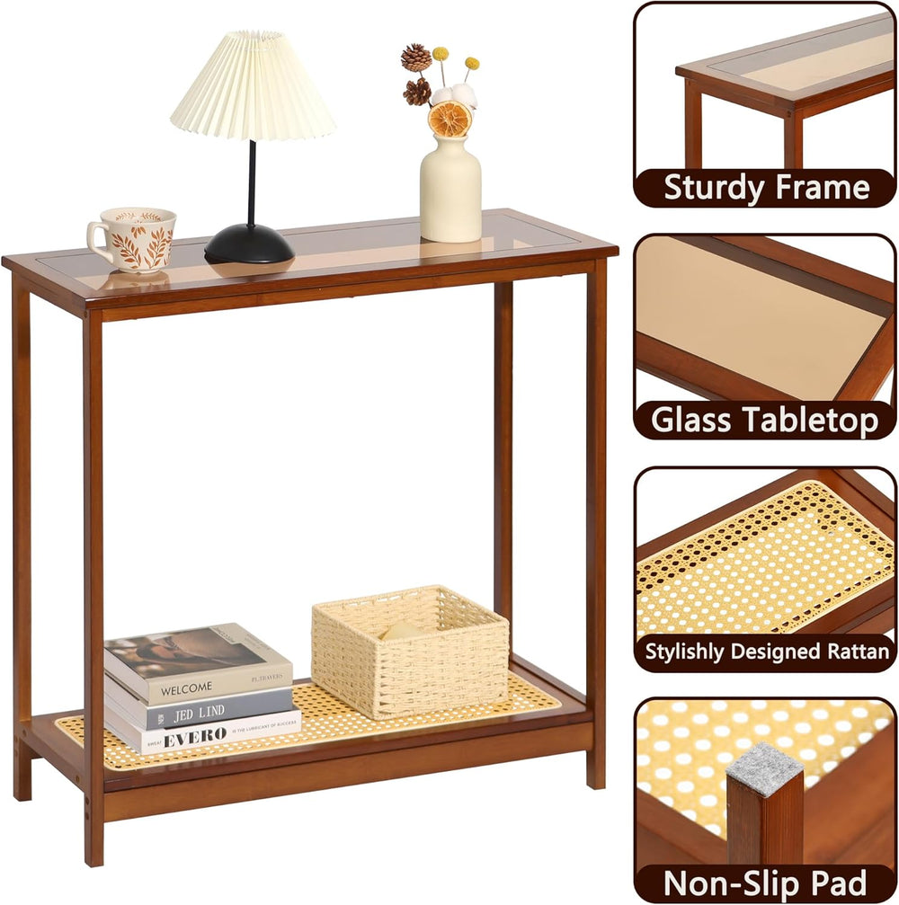 Bamboo Narrow Console Table, 31.5"(L) Wood Small Entryway Table with Rat...
